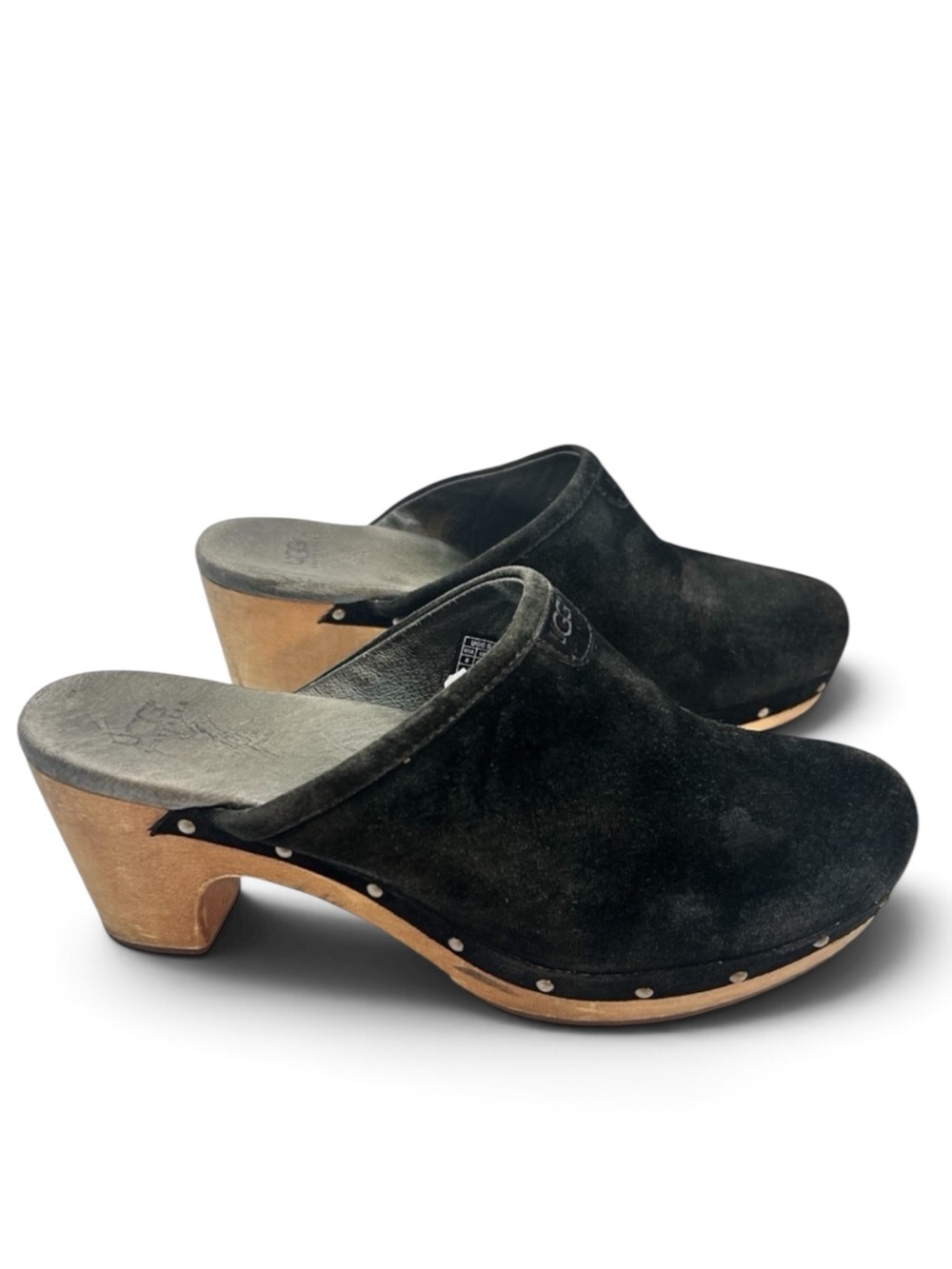 UGG Abbie Black Suede Mule Clog Sz 8 Wood Heel Studded Sherpa Lined Boho
